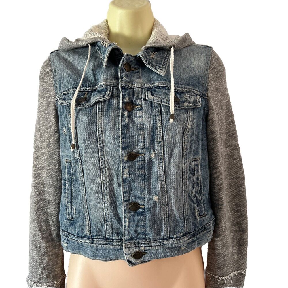 Free People Denim Distressed Hooded Jean /Knit Jacket Women's Size XS